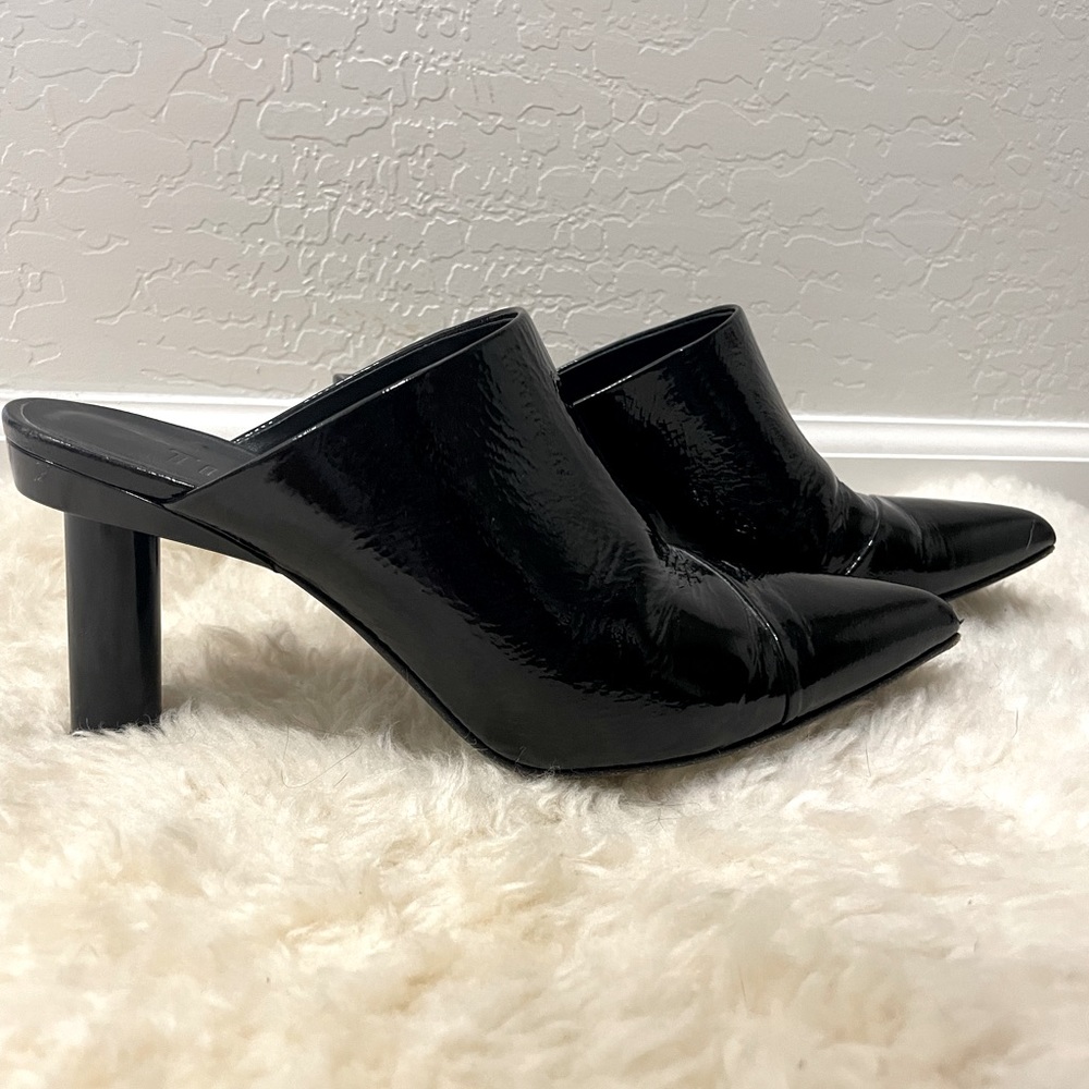Tibi Black Patent Leather Pointed Toe Mules